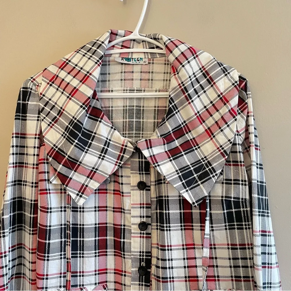 Vintage “K TEEN” White & Red Plaid Drawstring Collar Blouse –Size Large Like New - Picture 4 of 16